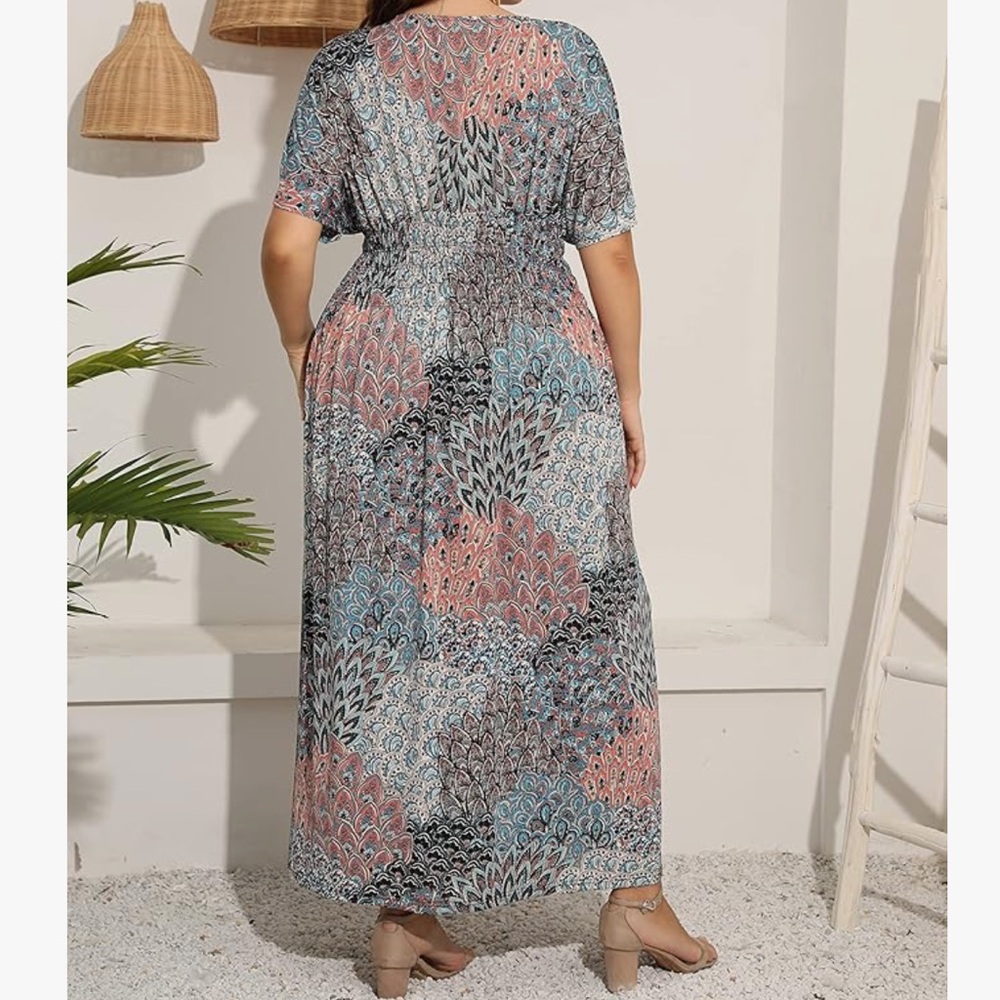 Boho V-Neck Maxi Dress in Pink & Blue - Picture 5 of 6